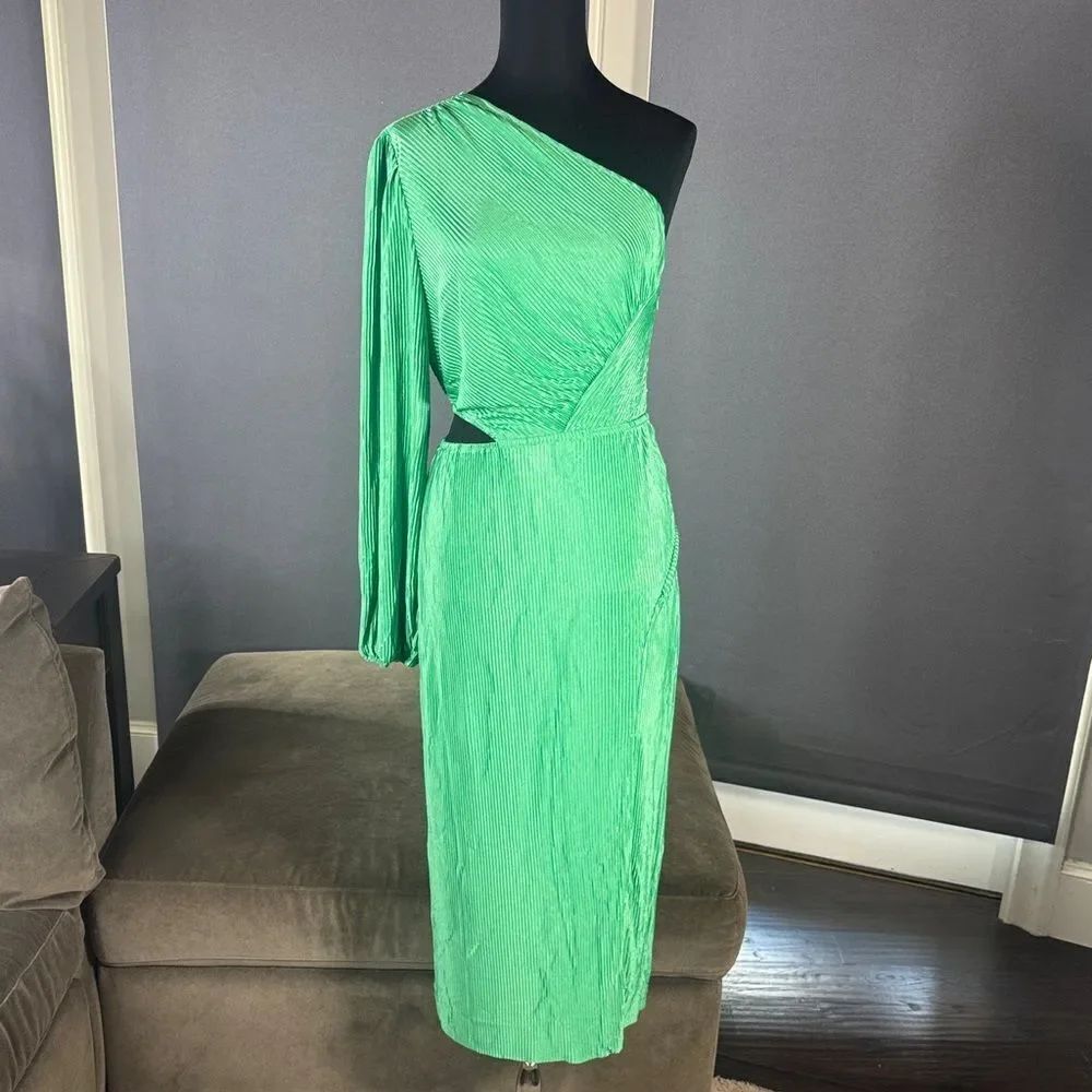Women’s Green One-Shoulder Midi Dress Side Cut Out Side Zip Size M NWOT